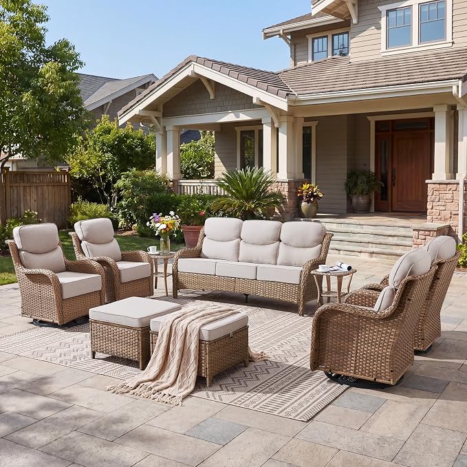Luxury High Back Patio Furniture Set with 6-Inch Thick Cushions, 9-Pieces Outdoor Furniture with Swivel Chairs, Wicker Conversation Set for Porch, Balcony, Deck and Yard, Yellow/Beige