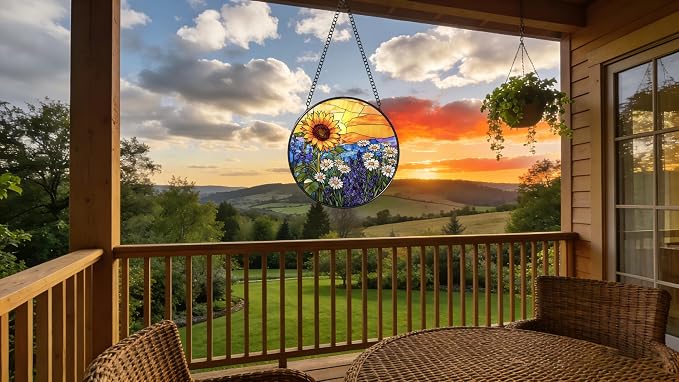 Stained Glass Window Hanging - Sunflowers, Daisies, Lavender and Sunset 6.3 Inches Suncatcher for Garden Home Decor for Women Mom Grandma Friends