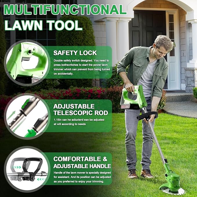 Weed Wacker，Weed Eater 21V 2.0Ah Battery Powered, Cordless Weed Wacker/String Trimmer/Weed Trimmer is Perfect for Trimming The Yard and Bushes, Flower beds, patios.