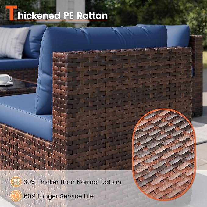 Patio Furniture Set, 7-Piece Outdoor Sectional Rattan Sofa Set with Coffee Table (Navy Blue Cushions with Brown Rattan)