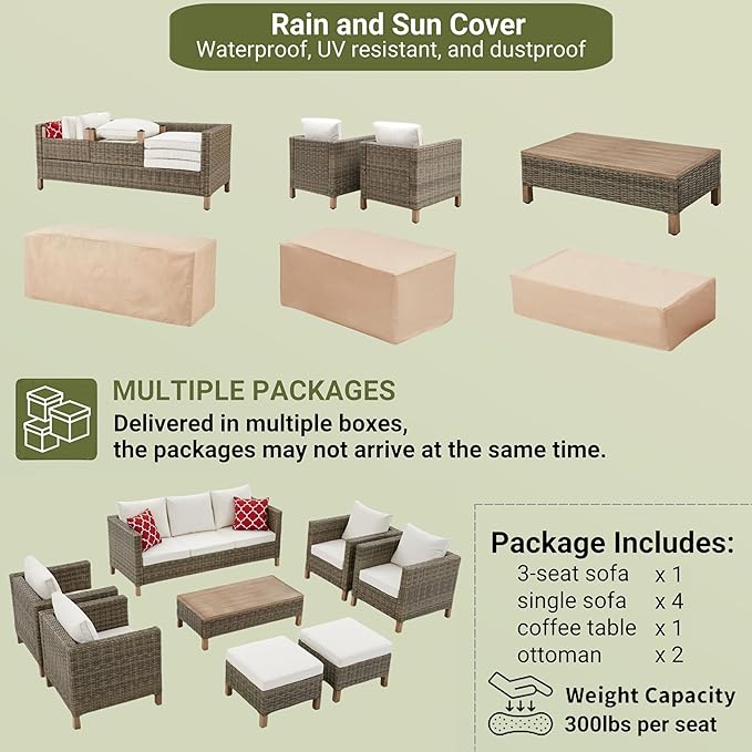 8 Pieces Patio Furniture Sets with Metal Top Coffee Table, All Weather Wicker Rattan Sectional Sofa Outdoor Furniture Conversation Set for Porch, Poolside, Garden, Backyard. (Beige)
