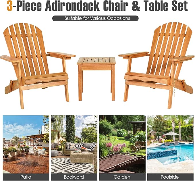 Tangkula 3 Pieces Adirondack Chair Set, Outdoor Wood Furniture Set with 2 Folding Lounge Chairs & Side Table, Widened Armrest, Slatted Design, All Weather Conversation Set for Garden Patio Backyard