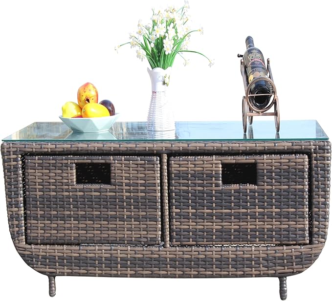 Outdoor PE Rattan Coffee Table, 43.7" Large Rectangular Patio Wicker Coffee Table with Tempered Glass Top, Low Profile Outdoor Side Table for Backyard Deck Balcony Garden Lawn, 150 lbs Capacity
