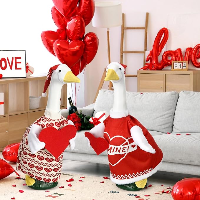 2 Sets Porch Goose Outfit Cute Red Heart Goose Dress Clothes with Headband and Wide Hat Costume for 23" Gooses Statue Decoration Patio Yard Garden Lawn Outdoor Decors