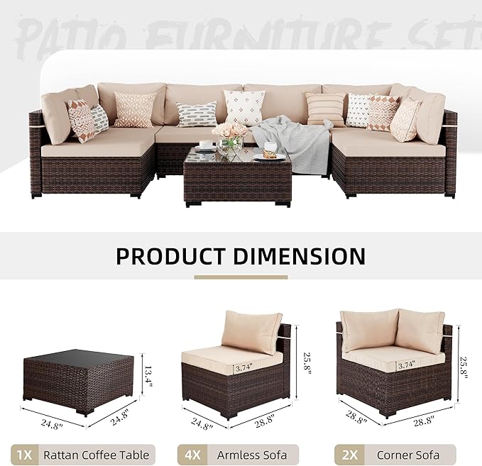 UPHA 7 Pieces Patio Furniture Sets, Wicker Outdoor Sectional Sofa Couch with Coffee Table, Patio Conversation Set for Deck Backyard Garden, Brown Rattan, Beige Cushion