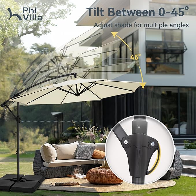 PHI VILLA 10ft Offset Patio Umbrellas with Base Included, Outdoor Market Hanging Umbrella with 8 Ribs for Deck Pool Porch Backyard, Off-White