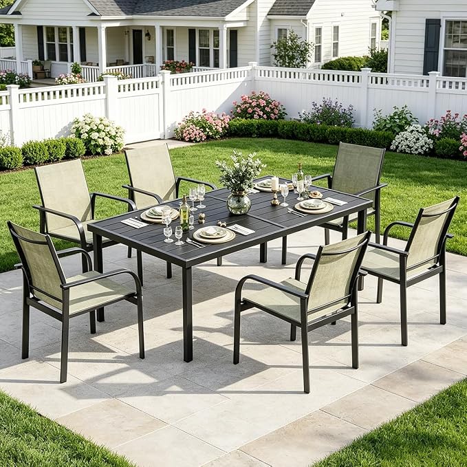 Garvee 7 Piece Patio Dining Set, Outdoor Furniture with 55" Rectangular Iron Table & 6 Textilene Chairs, All Weather Wood-Grain Finish, Suitable for Backyard, Garden, Poolside