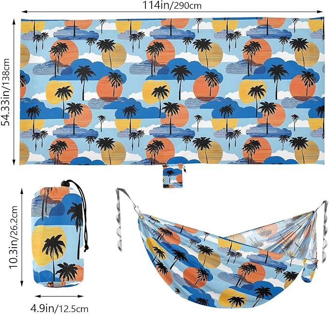 Camping Hammock Outdoor Hammocks for Outside Palm Tree Silhouette Beach Trees Portable Lightweight with Pockets Tree Straps Indoor