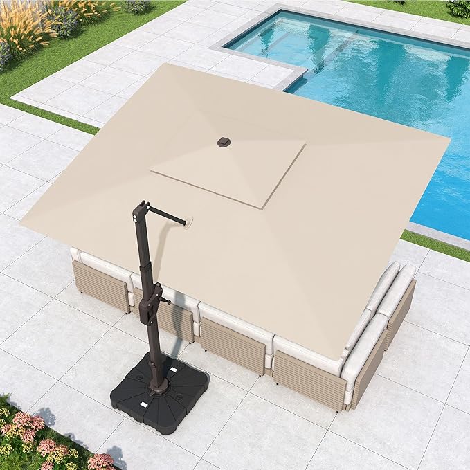 10x13 FT Cantilever Patio Umbrella with Base and Led Lights Double Top Outdoor Rectangular Large Heavy Duty Aluminum Offset Umbrellas with 7 Level Tilt 360-degree Rotation for Pool Garden Deck, Beige