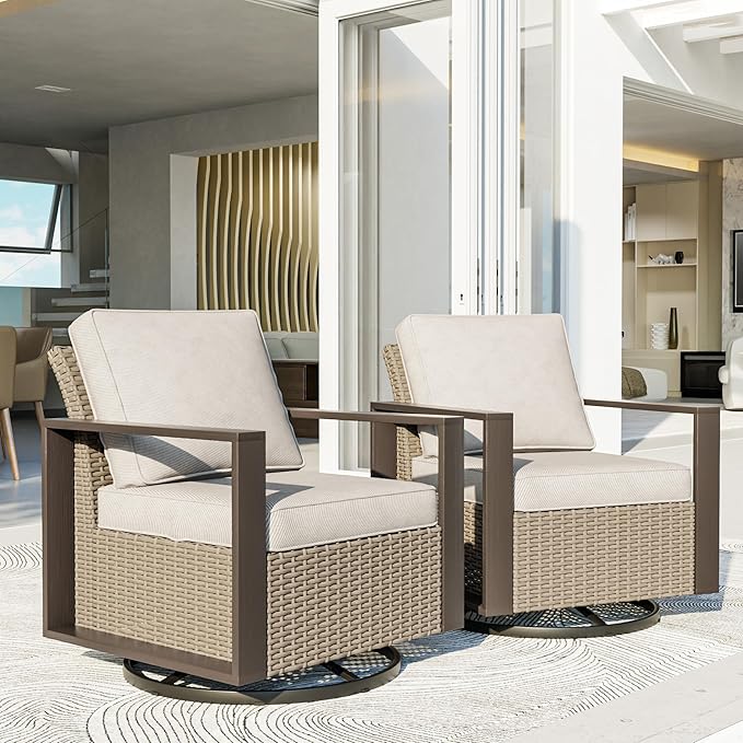 Patio Chairs Set of 2, Outdoor Swivel Rocker Patio Chairs, Metal Patio Furniture with Deep Seating, Thicken Cushions for Deck, Porch, Yard Use (Beige, 2 PCS/Swivel)