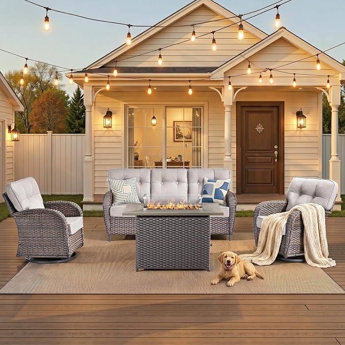 4-Piece Luxury Patio Furniture Set with Fire Pit Table, Weather Resistant Rattan High Back Swivel Rocker Chairs Senior Friendly Conversation Set for Small Porch Deck Sunroom Brown/Beige