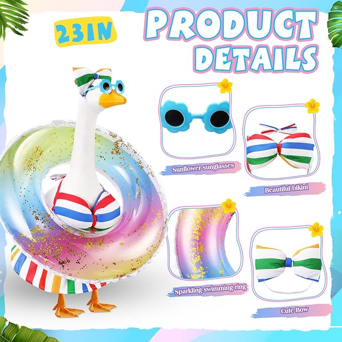 Bikini Porch Goose Outfits with Sunglasses and Swimming Tube for 23" Summer Goose Costume Garden Patio Statue Decor(Rainbow)