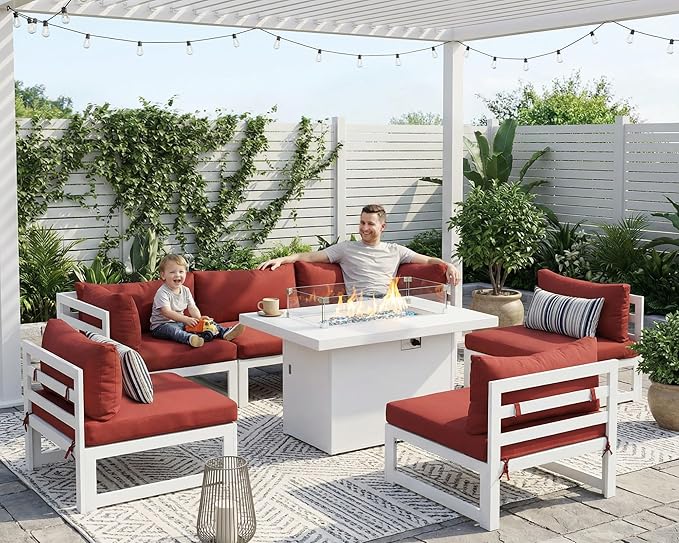 NICESOUL 7 Pcs Modern Aluminum Outdoor Patio Furniture Set with Fire Pit Table Propane/Gas, Extra Large All-Weather Modular Sectional Couch, 29" Wide Deep Seating Conversation Sofa for Outside, Red
