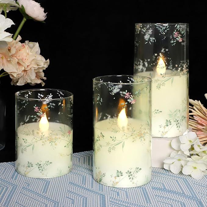 Glass Flameless Candles Flickering Battery Operated LED Pillar Candles Set of 3 with Timer and and 10-Key Remote Green Branch Floral Spring Summer Theme for Wedding Festival Home Decoration