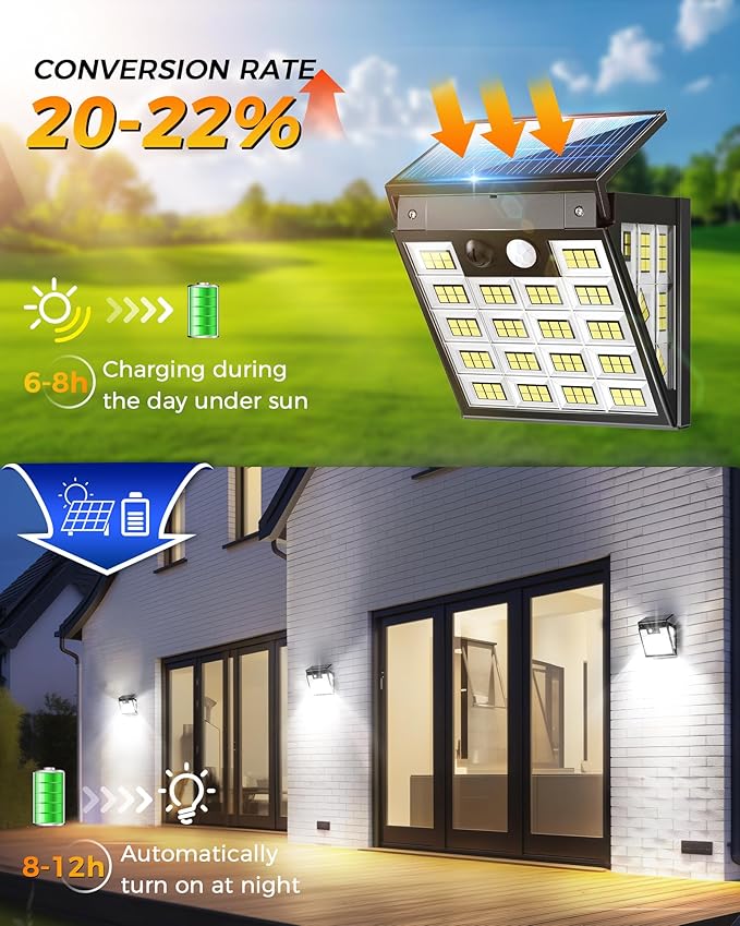 160LEDs Solar Motion Lights Outdoor,3-Sides Solar Wall Lights Outdoor, 270° Wide Angle, 3 Lighting Modes Security Light for Front Door Fence Yad Garage (Adjustable Solar Panel, 4)