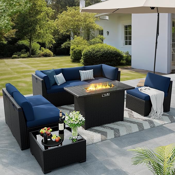 8 Pieces Outdoor Patio Furniture Set with 44" Fire Pit Table Black Rattan Sectional Conversation Sets w/Gas Fire Pit, Coffee Table, 1 Waterproof Covers, Navy Blue