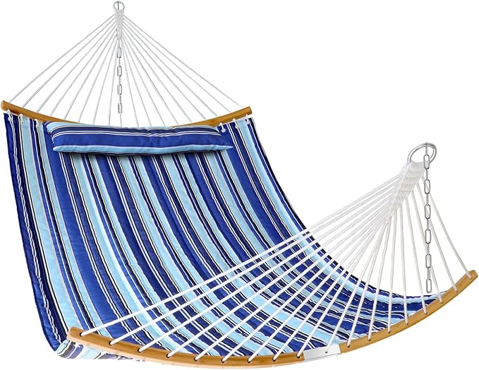 Double Hammock with Bamboo Wood Spreader Bars and Detachable Pillow, 2 Person 11 FT Portable Hammocks Bed Quilted Fabric Hammock for Yard Garden Balcony Indoor Outdoor, 440 Pound Capacity, Blue Stripe