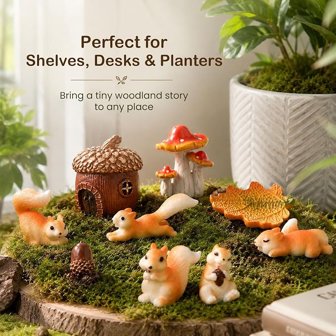 Fairy Garden Accessories, 9 Pieces Squirrel Resin Figures with Pinecone House Mushroom Leaf, Handmade Miniature Decor, Garden Miniatures Decors for Outdoor Home, Perfect DIY Gift
