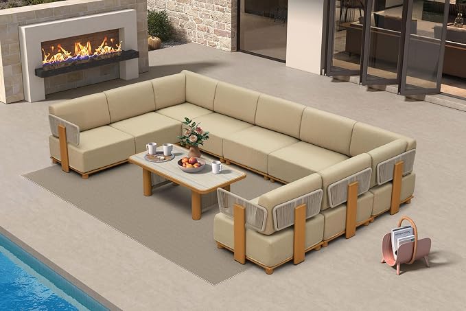 PURPLE LEAF Patio Furniture Set Modular U-Shaped Outdoor Sectional Sofa with 11" Thick Olefin Cushion 10-Piece Outdoor Conversation Set with Table for Backyard Garden Poolside, Beige