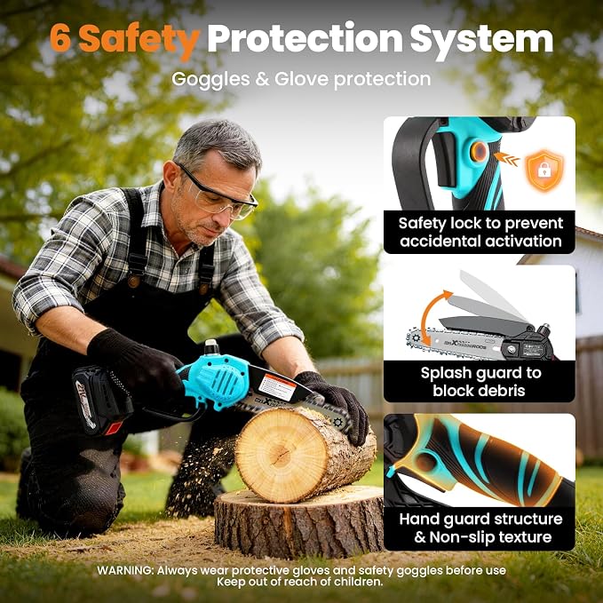 maXpeedingrods Mini Chainsaw Cordless, 6 inch Chainsaw Handheld Power Chain Saws with 2 Batteries, 3 x Durable Chains, Electric Chainsaw Lightweight Handheld Saw for Tree Trimming, Wood Cutting, Blue