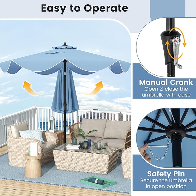 HAPPYGRILL 9 FT Patio Umbrella with Ruffled Edges, Outdoor Table Umbrella with Push Button Tilt, Crank, 8 Ribs, Heavy-Duty Market Sunshade for Yard Garden Pool