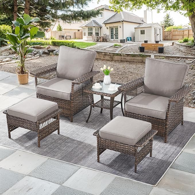 Patio Furniture Set - 2 Wicker Chairs with 2 Rattan Ottomans, 1 Wicker Side Table, Grey Cushions - 5pc Conversation Set for Garden, Balcony, Backyard
