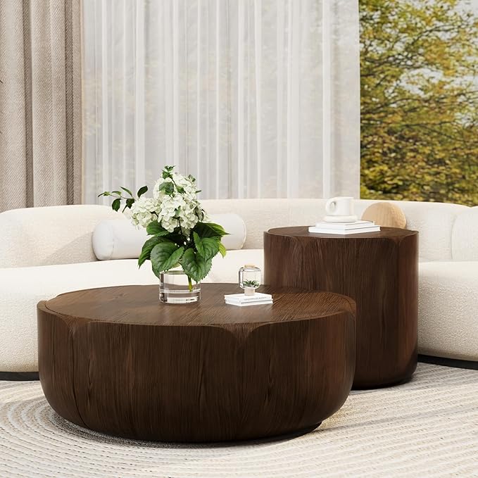 36" Round Coffee Table with 20" Round Side Table Set, Waterproof Sturdy MGO Wood Texture Grain Drum Outdoor Tables Set for Patio Garden Backyard Living Room, No-Assembly, Natural and Brown