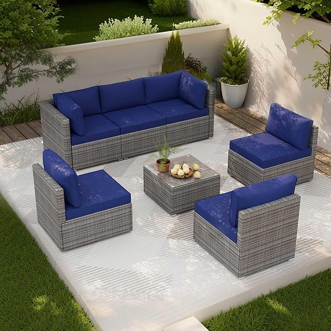 7-Piece Outdoor Patio Furniture Set – Handwoven All-Weather Rattan & 4” Thick Waterproof Cushions, Wicker Outdoor Conversation Sets with Coffee Table for Deck, Backyard, Garden, Blue/Grey