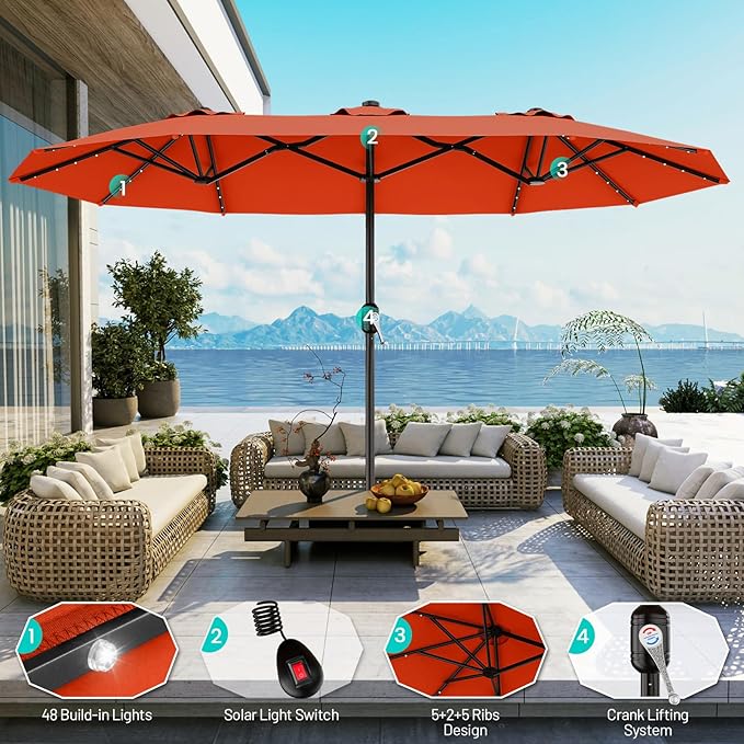 AreShark 13 FT Patio Umbrella with Solar Lights, Double-Sided Outdoor Table Umbrellas with Crank, Large Rectangular Market Umbrella for Porch, Lawn, Pool, Backyard, Orange