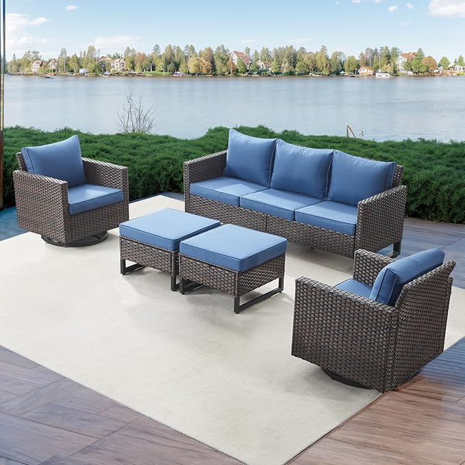 Rilyson Wicker Outdoor Patio Furniture Set - 5 Piece Patio Conversation Set with 2 Swivel Rocker Chairs,2 Rattan Ottoman and 1 Couch for Outside Porch Deck Backyard Garden(Brown/Blue)