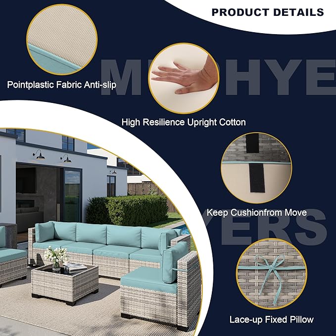14-Piece Outdoor Patio Furniture Set, PE Wicker Rattan Sectional Sofa Conversation Set with Tempered Glass Table & Thick Cushions - All-Weather Garden, Backyard Furniture, Light Blue