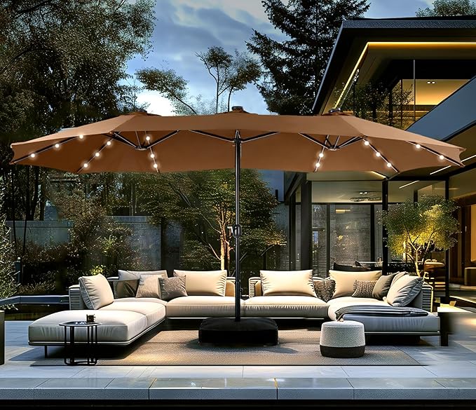 PHI VILLA 15ft Large Patio Umbrella with Solar Lights, Double-Sided Outdoor Market Rectangle Umbrellas with 36 LED Lights, Umbrella Base (Stand) Included, Tawny