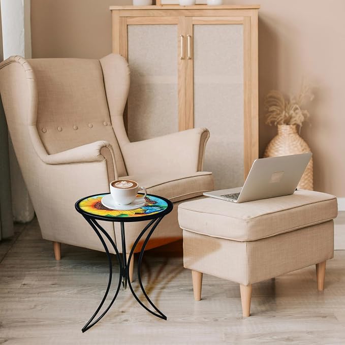 J-Fly 12 Inch Outdoor Side Table, Round Patio Accent Indoor End Table with Glass Top & Metal Base for Living Room, Office, Balcony, Sunflower Butterfly Indoor Furniture Valentine Decor(20" Height)