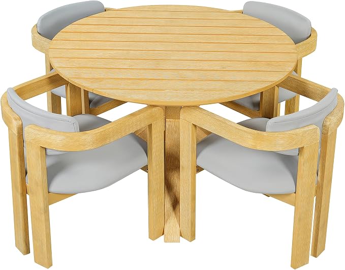 VilroCaz Acacia Wood Outdoor Dining Set for 4, All-Weather Outdoor Round Dining Table and 4 Barrel Chairs & Removable Cushions, 5-Piece Patio Furniture for Backyard Deck Poolside (Gray-ZD)