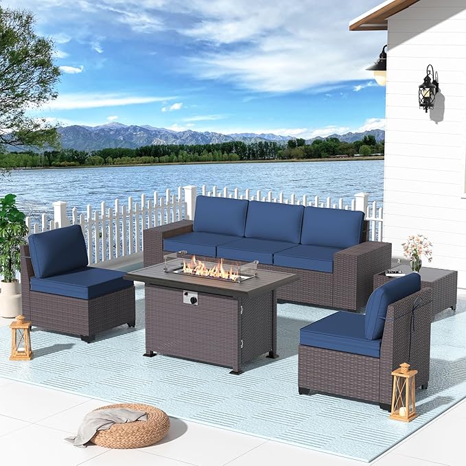 Patio Furniture Set 7 Pieces Outdoor Furniture Patio Conversation Set w/43in Gas Fire Pit,PE Rattan Wicker 7 Pcs Outdoor Sofa Set w/55000 BTU Propane Fire Pit Table,NavyBlue