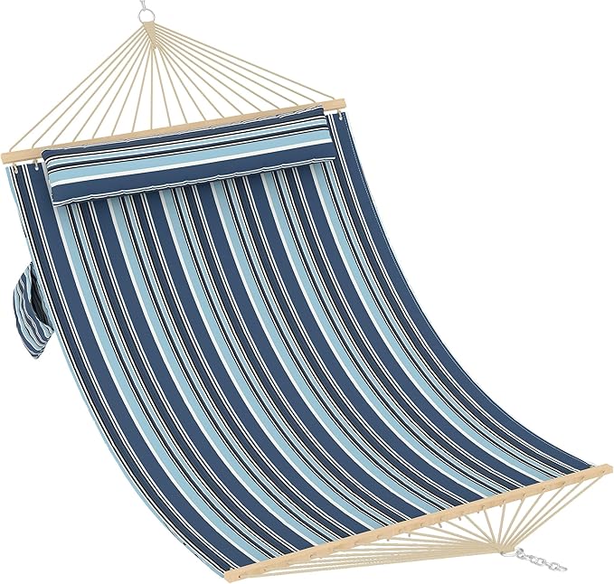 Garvee Double Quilted Fabric Hammock with Hardwood Spreader Bars and Pillow 450 LBS Capacity 2 Person Large Hammock for Outdoor Patio Backyard Poolside（Dark and Light Blue Stripes）