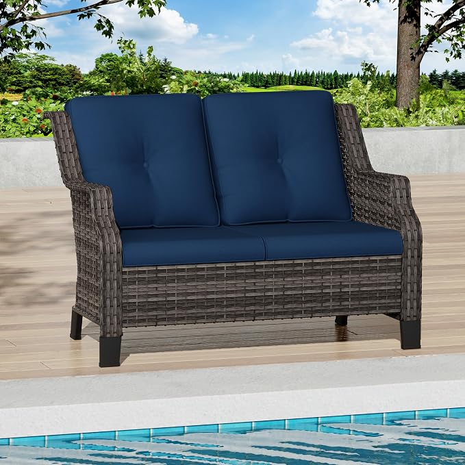 Outdoor Patio Loveseat, All-Weather 2-Seater Wicker Loveseat with Cushions, Outdoor Patio Love Seat Sofa for Garden, Balcony and Deck