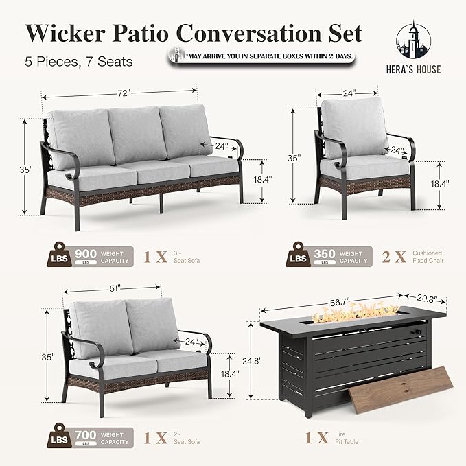 HERA'S HOUSE 5 Piece Metal Patio Furniture Set with 56" Fire Pit Table, All Weather Outdoor Conversation Set, 3 Seat Sofa with Loveseat, 2 Fixed Chairs, Seats 7 for Backyard, Garden, Deck, Light Grey