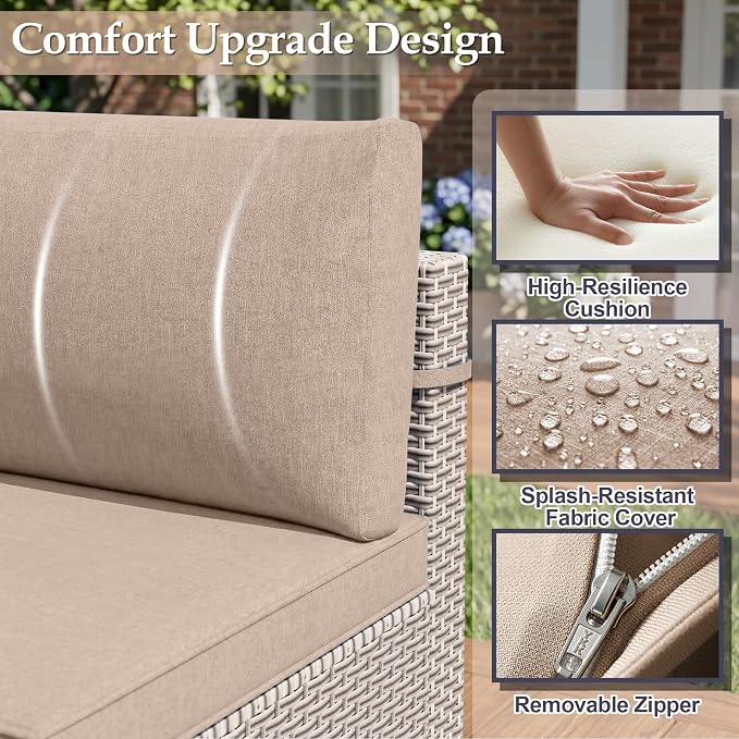 Patio Furniture Set, 18-Piece Outdoor Sectional Sofa with Swivel Rocker Chairs & Fire Pit Table, Wicker Patio Conversation Set with Coffee Table, Khaki Cushions