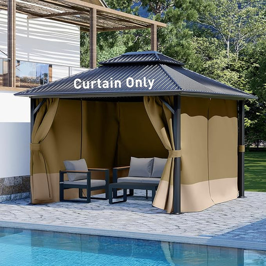Aoodor 12x14 ft Outdoor Gazebo Curtains, 4 Panels Waterproof Privacy Sidewall Replacement with Zipper for Patio Pergola and Canopy, Khaki and Sand Yellow