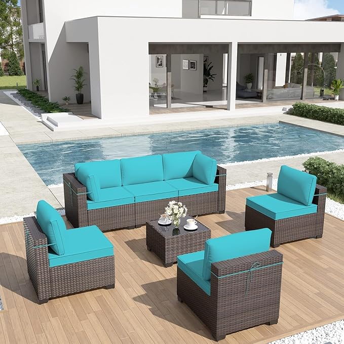 ALAULM 7 Pieces Patio Furniture Set Wicker Patio Conversation Set, Outdoor Sectional Furniture w/Coffee Table & Washable Seat Cushions-Blue