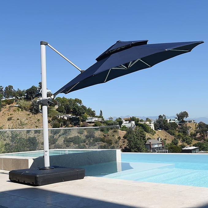 PURPLE LEAF 11 FT Cantilever Patio Umbrellas with Base Included, Large Round Offset Umbrella with 360° Rotation, Outdoor Aluminum Pool Umbrella for Pool Lawn Garden, Navy Blue