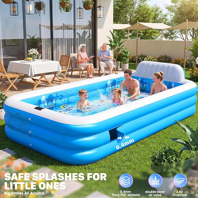 Extra Large Inflatable Pool with Lights,Upgraded Solar Powered Blow Up Pool for Adults,Inflatable Kids Swimming Pool with Seat& Backrest,Big Inflatable Kids Pool for Backyard,120x73x20IN