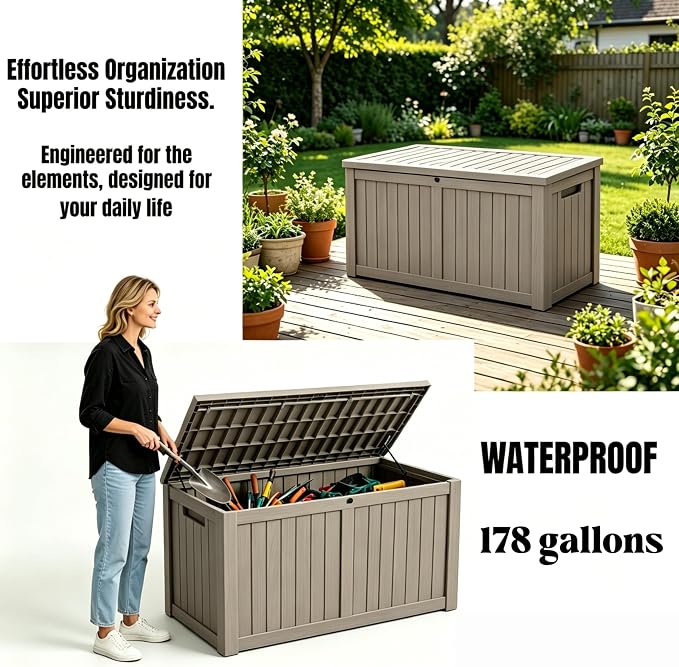 178 Gallon Large Resin Outdoor Storage Box, Waterproof Deck Box, Lockable Deck Container with Reinforced Support, Outdoor Chest for Patio Accessories, Outdoor Cushions, Garden Tools, Taupe Gray