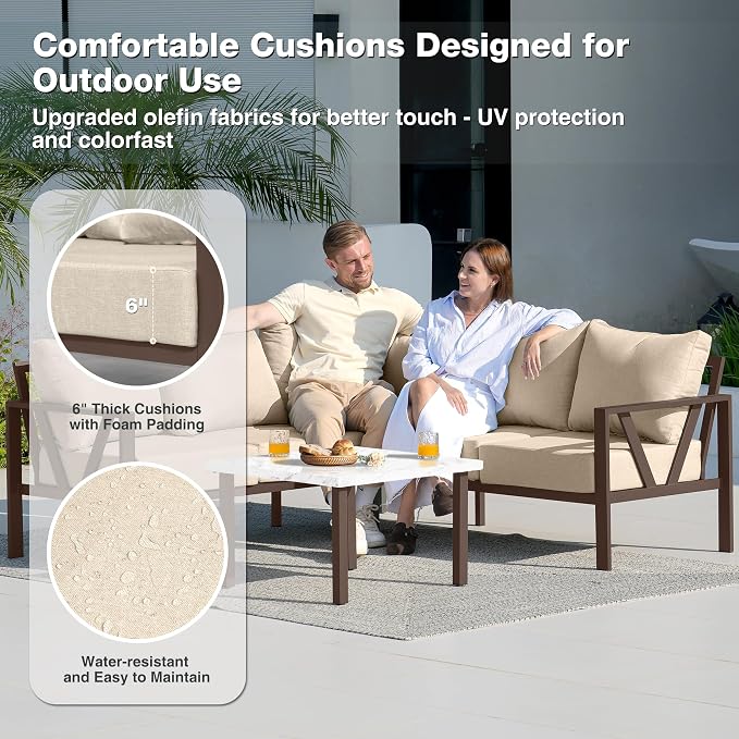 Outdoor Furniture Set, 6 Pieces Outdoor Patio Couch Sectional, L Shaped Metal Outdoor Patio Corner Sofa with 6” Thick Cushions, Outdoor Seating Conversation Set, Upgrade Beige