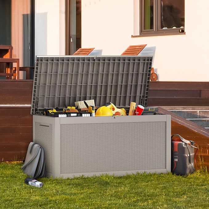 PatioZen 260 Gallon Resin Deck Box Outdoor Storage Box with Lockable Lid, Waterproof for Patio Cushions, Gardening Tools & Exercise Equipment