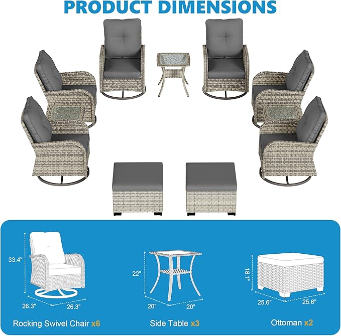 11-Piece Small Patio Furniture Set, Outdoor Swivel Rocking Chairs Set with Ottomans, Patio Bistro Set for Balcony, Deck, Porch, Grey