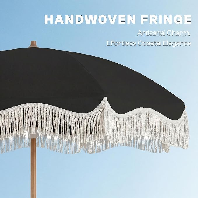 7ft Patio Umbrella with Fringe, Boho Beach Umbrellas, Outdoor Tassels Umbrellas with Push Button Tilt & Carrying Bag, 8 Windproof Fiberglass Ribs, UPF50+