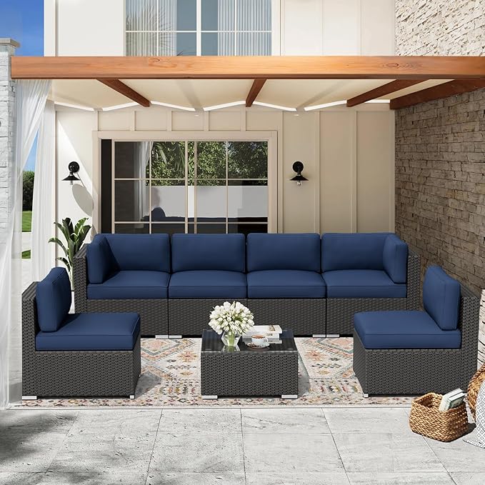 Oakcloud 7-Piece Outdoor Patio Furniture Sofa Set Black Rattan Wicker Sectional Conversation Sets with Glass Top Table and Cushions(Dark Blue)