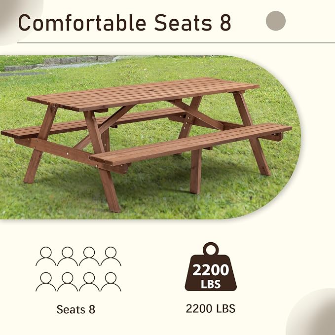 Picnic Table with Bench for 8 Person Outdoor Wooden Rectangle Table for Patio Garden Backyard Large Outside Dining Table Set with Umbrella Hole 6.26FT Brown